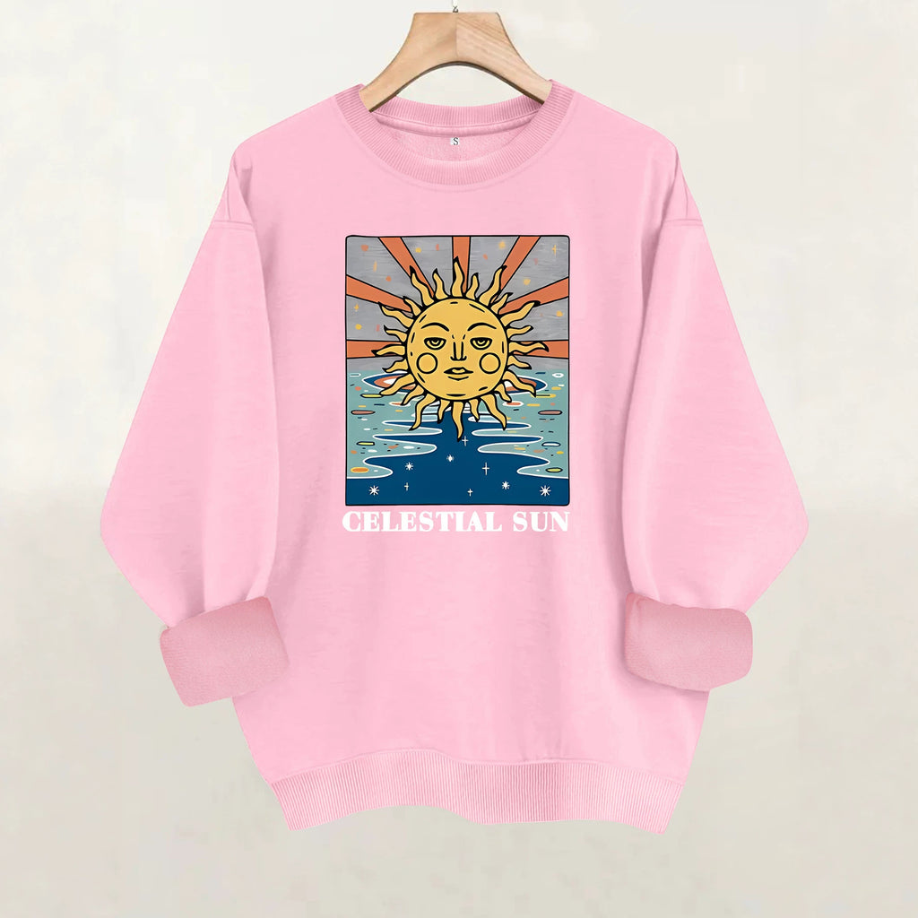 Sun pattern printed round neck fleece hoodie