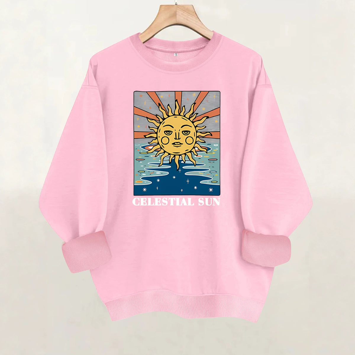 Sun pattern printed round neck fleece hoodie