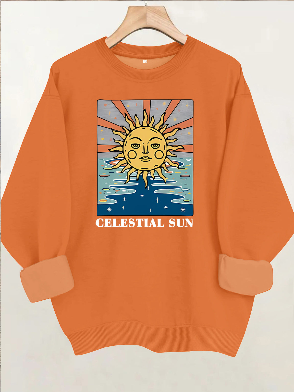 Sun pattern printed round neck fleece hoodie