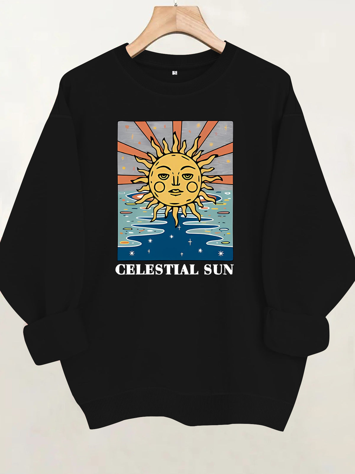Sun pattern printed round neck fleece hoodie
