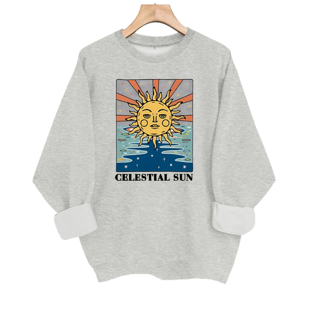 Sun pattern printed round neck fleece hoodie
