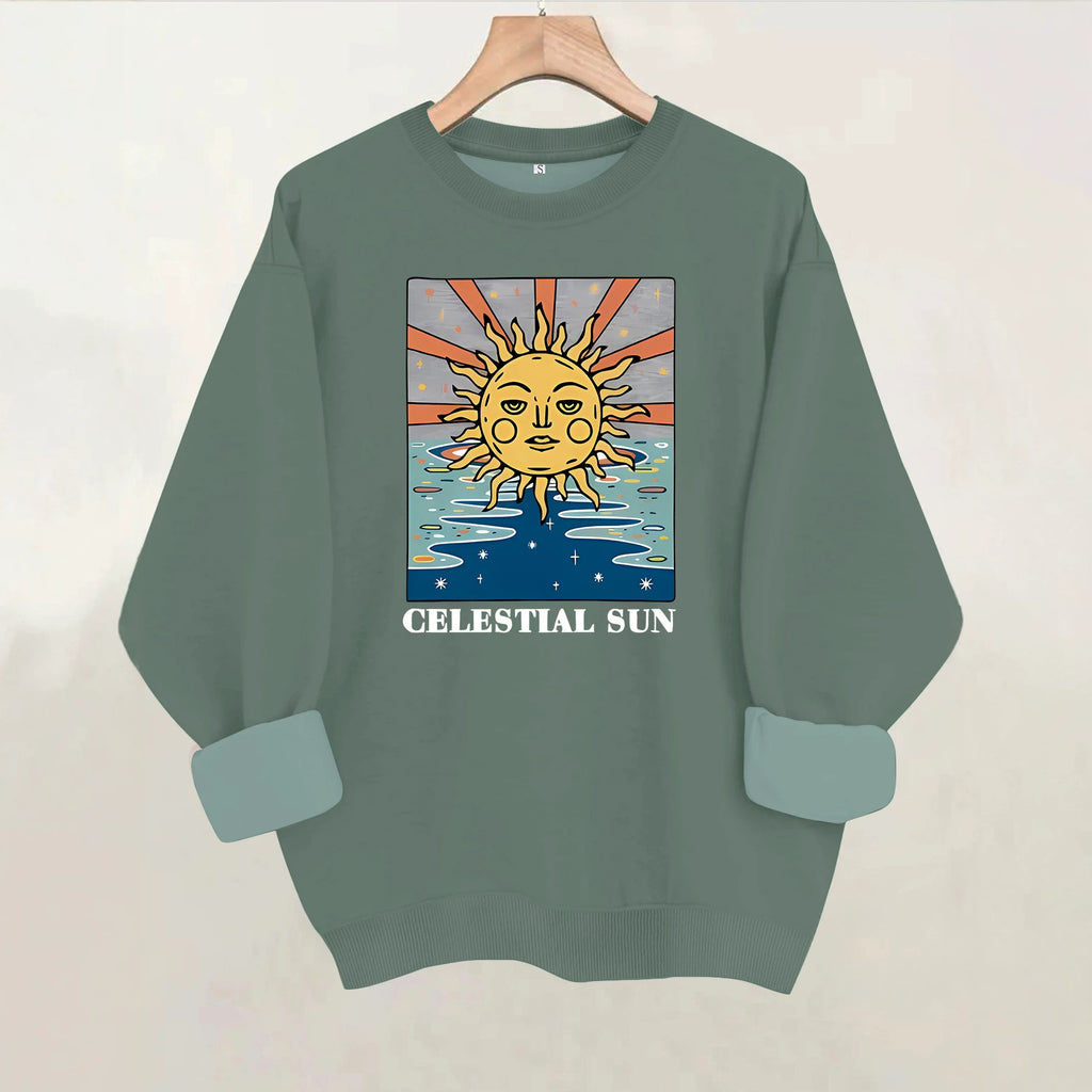 Sun pattern printed round neck fleece hoodie
