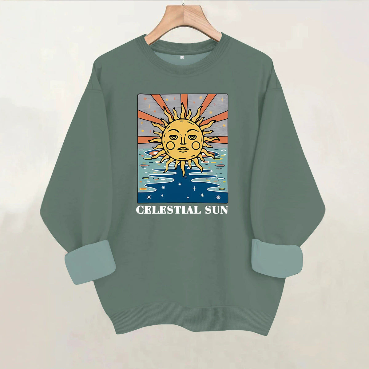 Sun pattern printed round neck fleece hoodie