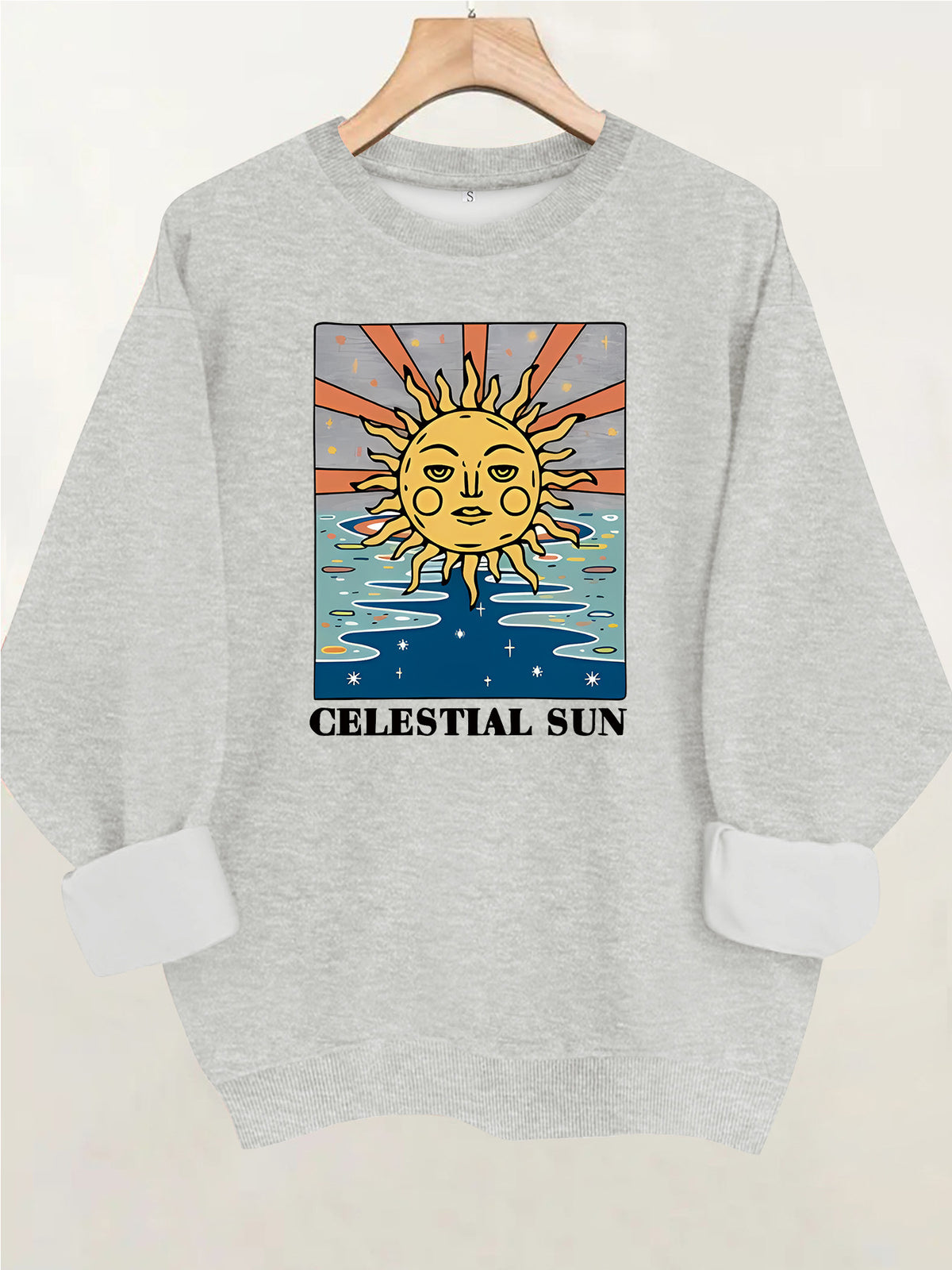 Sun pattern printed round neck fleece hoodie