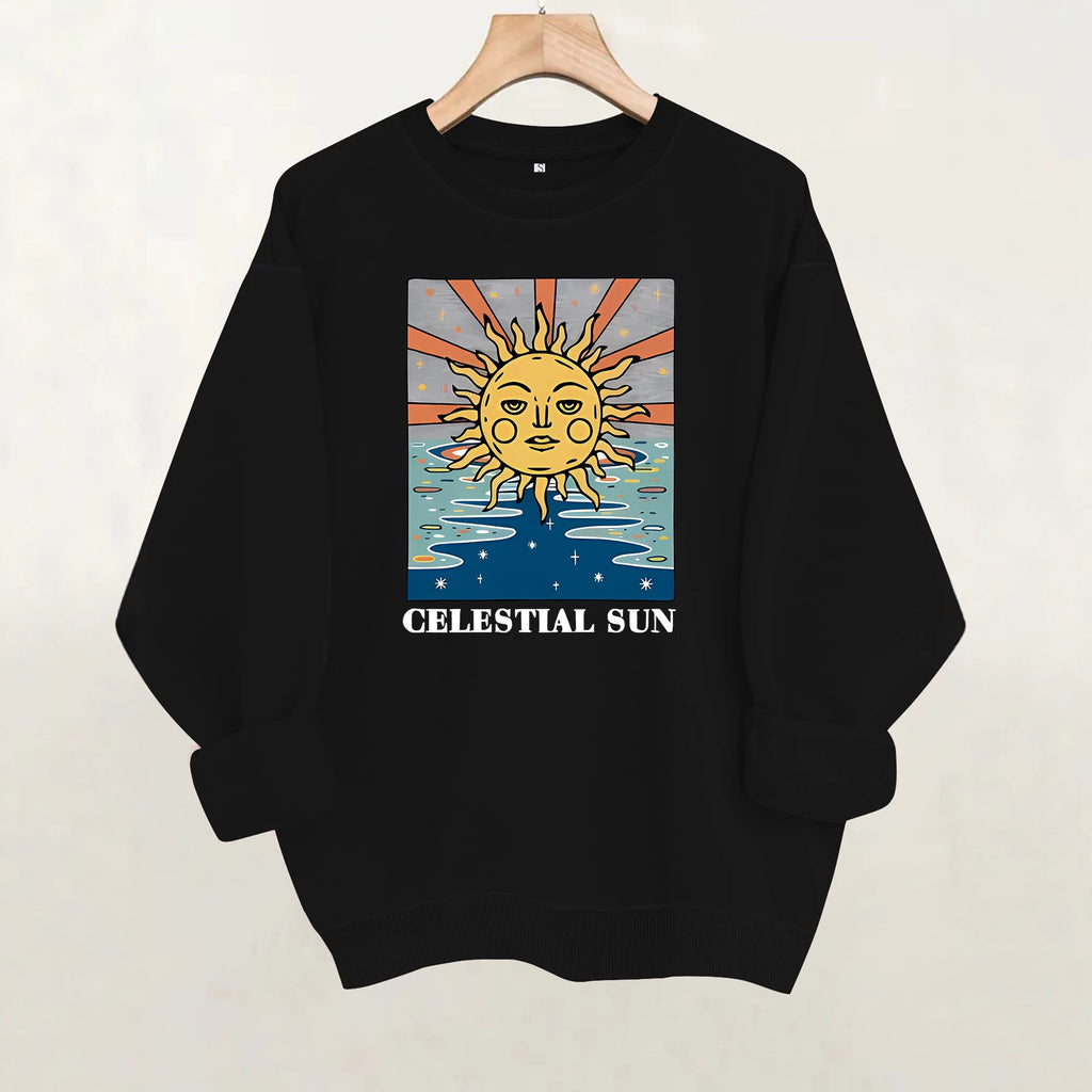 Sun pattern printed round neck fleece hoodie