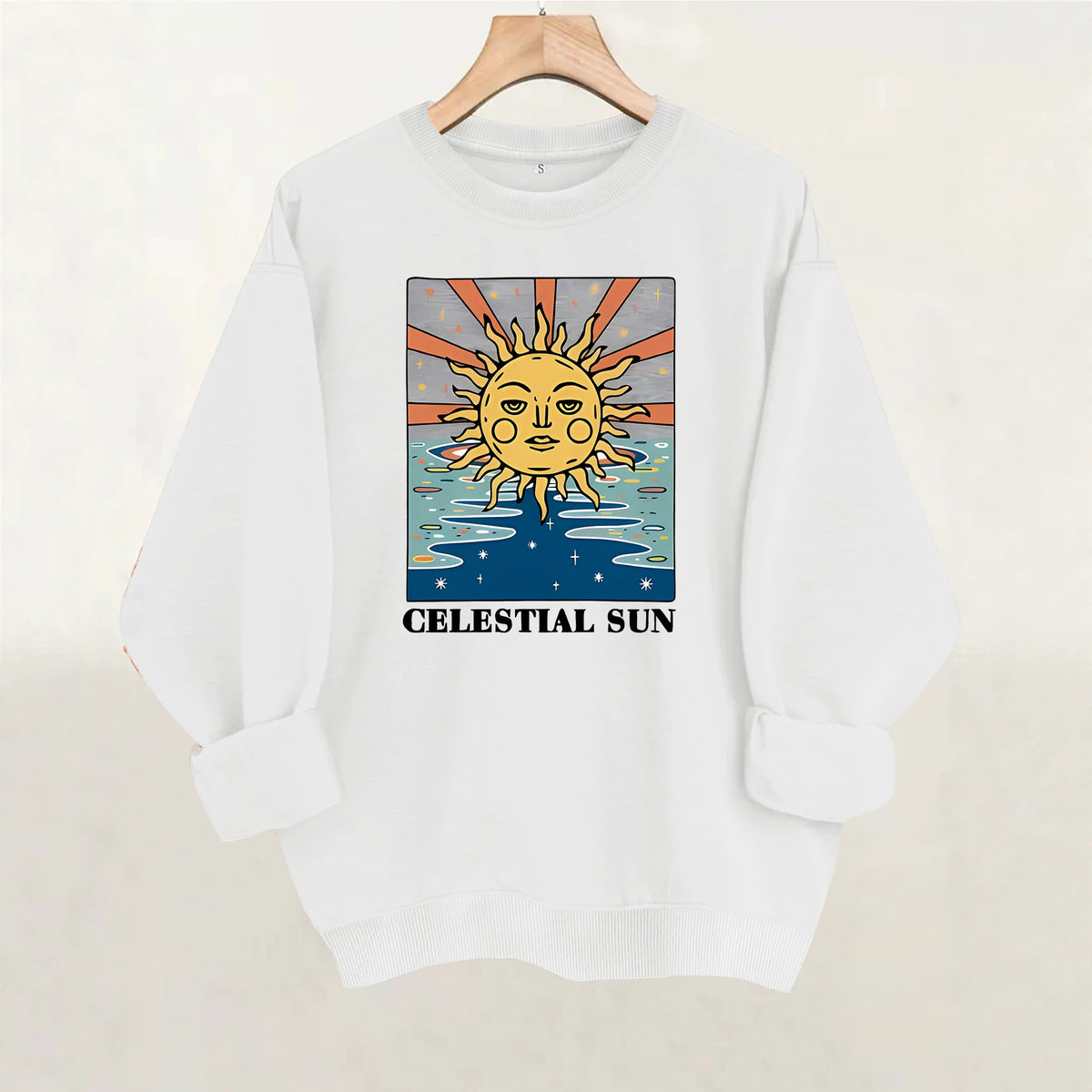Sun pattern printed round neck fleece hoodie