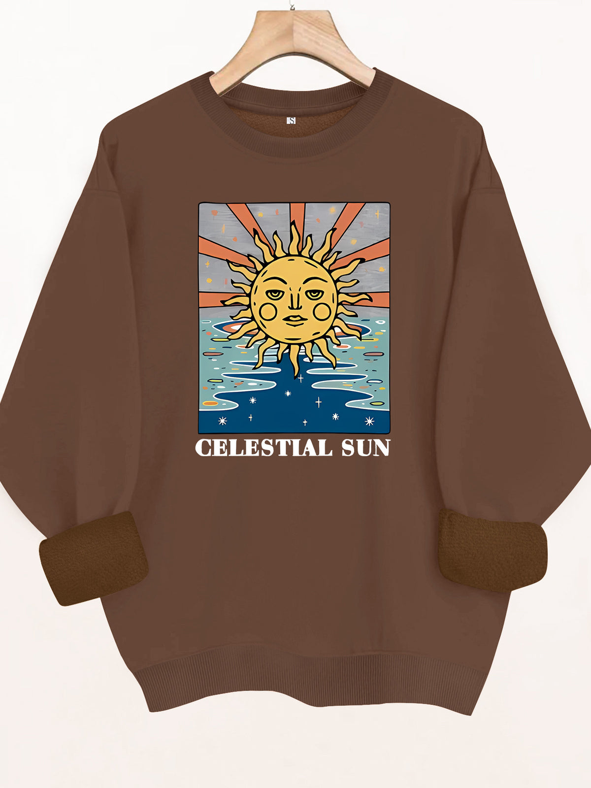 Sun pattern printed round neck fleece hoodie