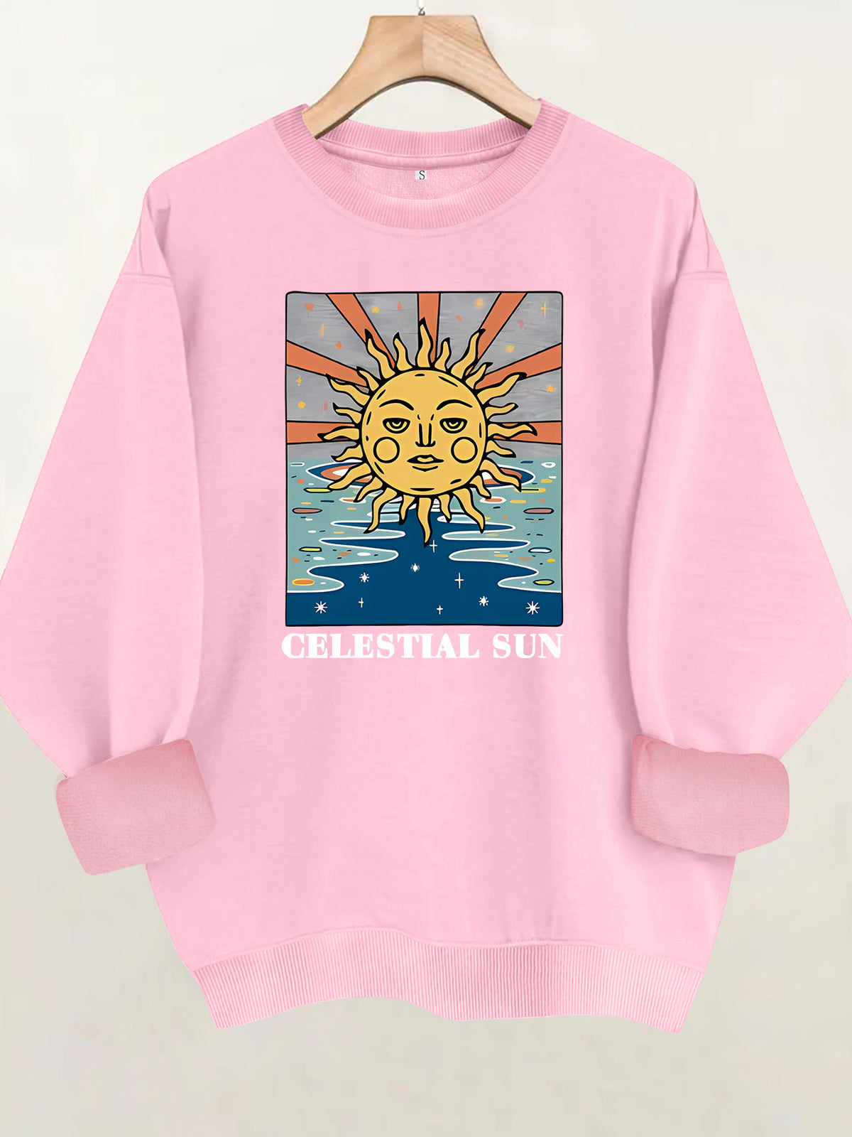 Sun pattern printed round neck fleece hoodie
