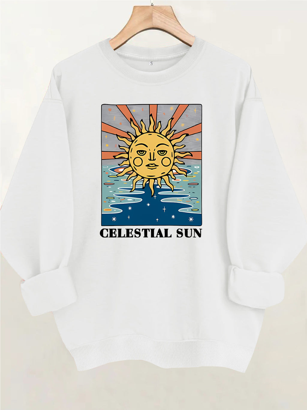 Sun pattern printed round neck fleece hoodie