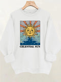 Sun pattern printed round neck fleece hoodie