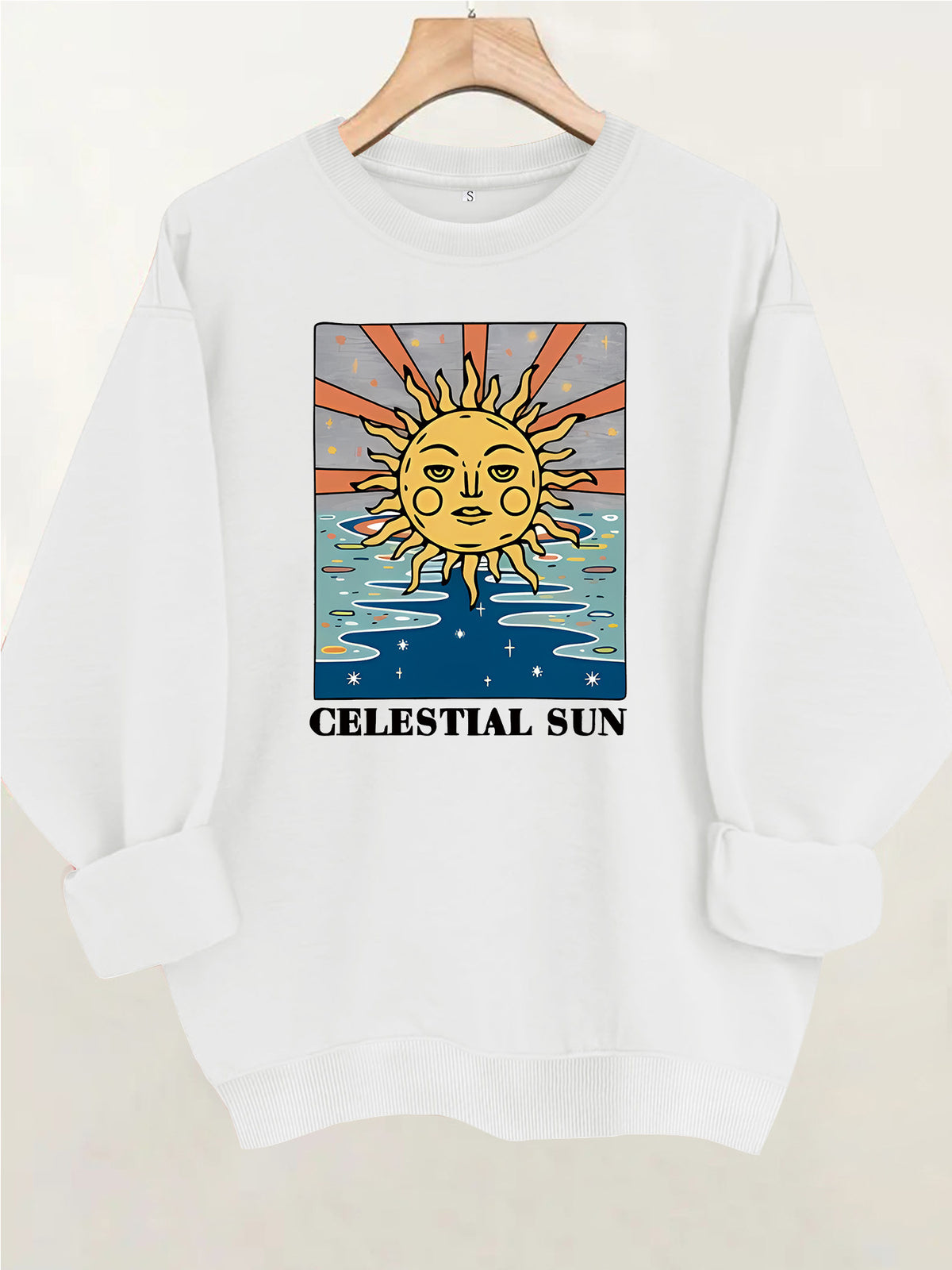 Sun pattern printed round neck fleece hoodie